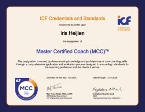 Officiële MCC certificaat van ICF (International Coaching Federation) van Iris Heijlen